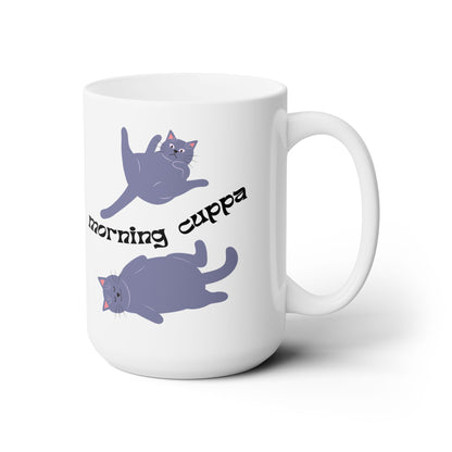 Morning Cuppa with Gray Cats, Cute White Ceramic Mug, 15oz