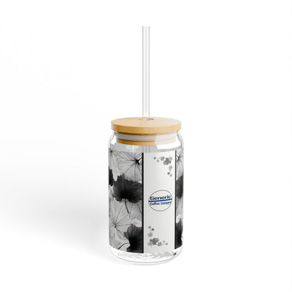Lux Leaves, Black & White Design for Cold Drinks - Coffee, Matcha, Tea Autumn Fall Sipper Glass with Lid/Straw, 16oz