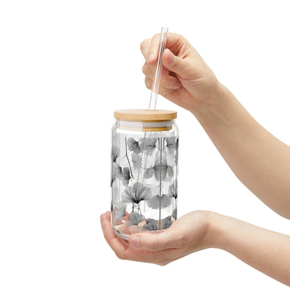 Delicate Ginko Biloba Leaves, Black & White Design for Cold Drinks - Coffee, Matcha, Tea Autumn Fall Sipper Glass with Lid/Straw, 16oz