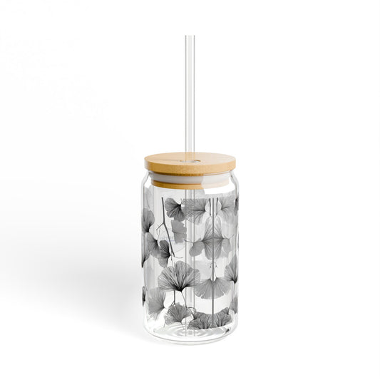 Delicate Ginko Biloba Leaves, Black & White Design for Cold Drinks - Coffee, Matcha, Tea Autumn Fall Sipper Glass with Lid/Straw, 16oz