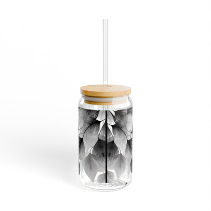 Sweeping Leaves, Black & White Design for Cold Drinks - Coffee, Matcha, Tea Autumn Fall Sipper Glass with Lid/Straw, 16oz