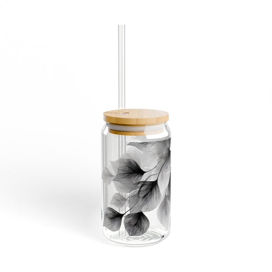 Sweeping Leaves, Black & White Design for Cold Drinks - Coffee, Matcha, Tea Autumn Fall Sipper Glass with Lid/Straw, 16oz