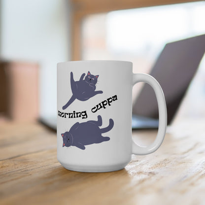 Morning Cuppa with Gray Cats, Cute White Ceramic Mug, 15oz