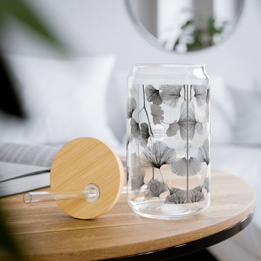 Delicate Ginko Biloba Leaves, Black & White Design for Cold Drinks - Coffee, Matcha, Tea Autumn Fall Sipper Glass with Lid/Straw, 16oz