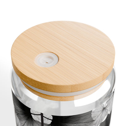 Lux Leaves, Black & White Design for Cold Drinks - Coffee, Matcha, Tea Autumn Fall Sipper Glass with Lid/Straw, 16oz
