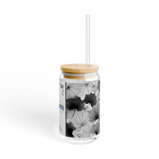 Lux Leaves, Black & White Design for Cold Drinks - Coffee, Matcha, Tea Autumn Fall Sipper Glass with Lid/Straw, 16oz