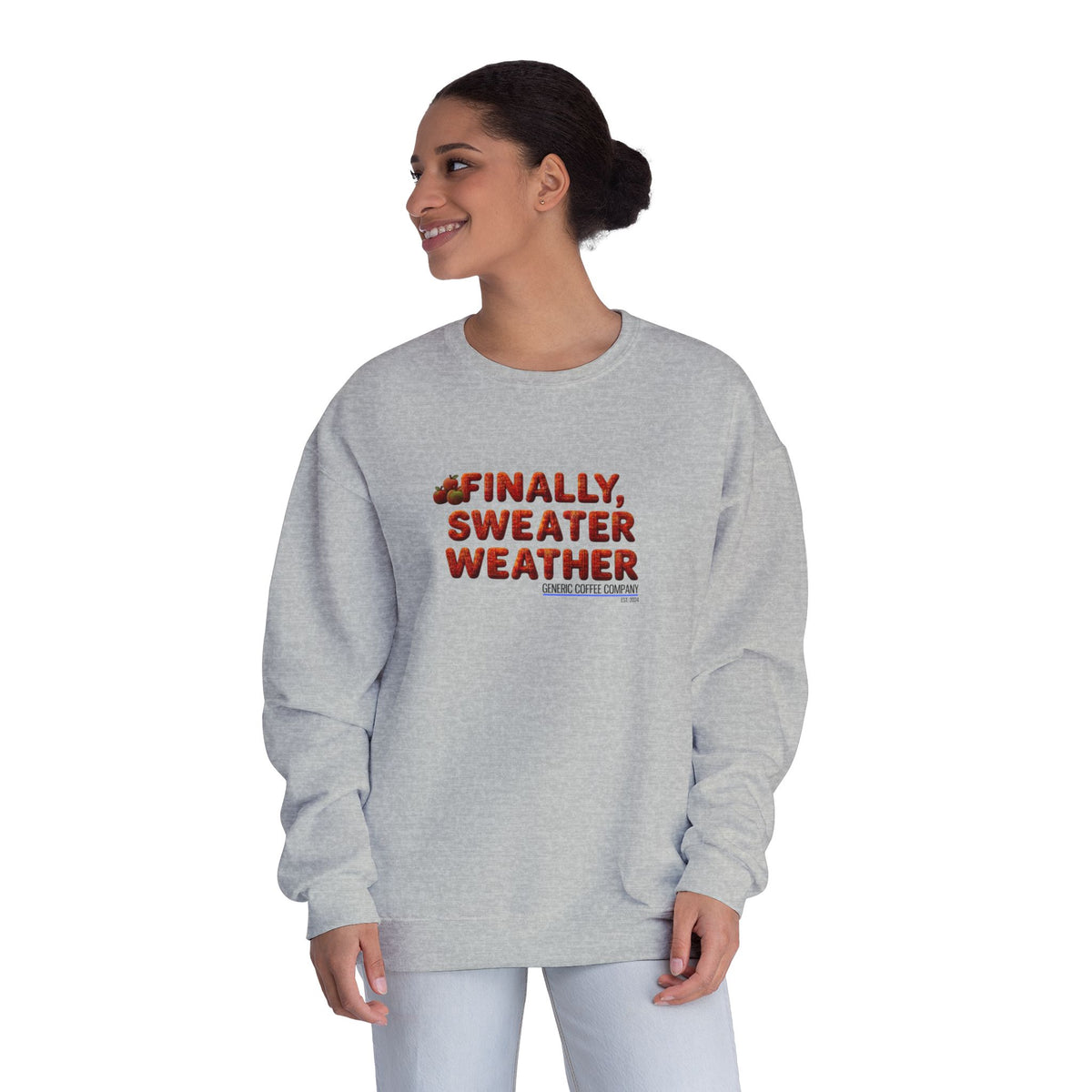 Crewneck Sweatshirt — "Finally, Sweater Weather" With Apples Cozy Fall Pullover (Orange Text)