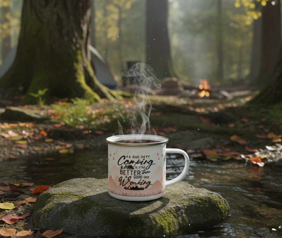 A Good Day Camping, Ombre Terracotta Pastel Funny Saying Enamel Camping Mug, 12 oz