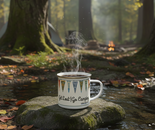 Get Lost | Go Camping, Retro Summer Camp Style Vintage Enamel Camping Mug, 12 oz